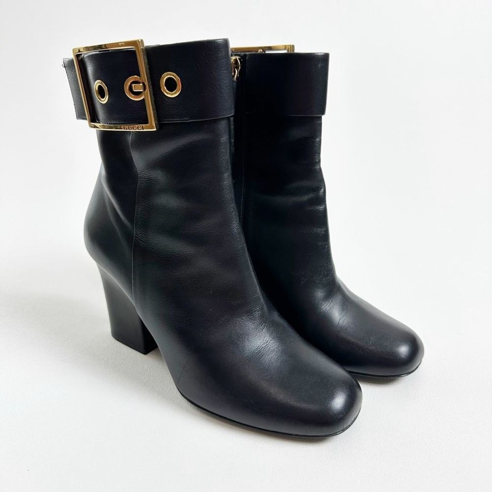GUCCI Kesha Buckle Ankle Boots 36.5 US 6.5 Black Smooth Leather Heeled Booties - Picture 2 of 13